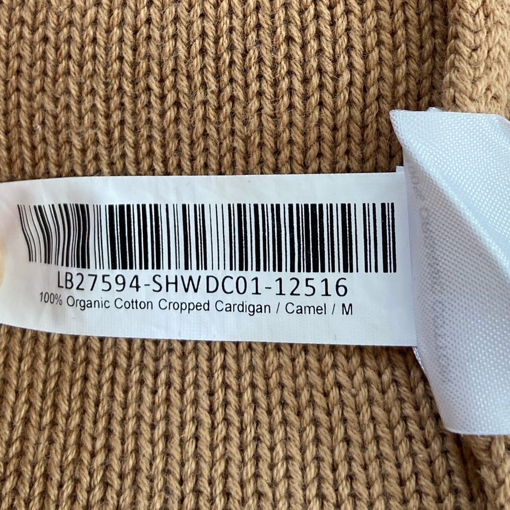 Quince Organic Cotton Cropped Cardigan Sweater Camel Brown Faux Horn Button Sz M - Picture 13 of 16